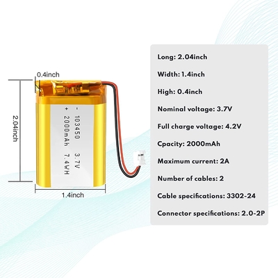 Batterie rechargeable d'ion de Li de NCM 3.7v 2000mah/connecteur JST de batterie d'ion de lithium